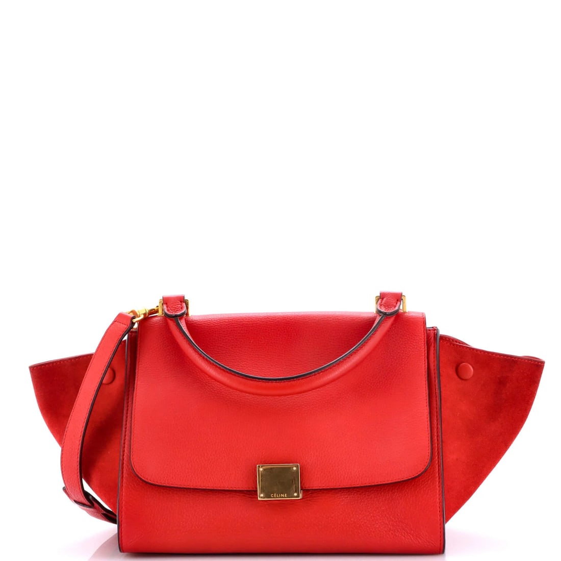 Celine Small Leather Trapeze Bag: Celine Small Leather Trapeze Bag Experience the timeless elegance of the Celine Small Leather Trapeze Bag, boasting sleek red leather exterior and suede accents that add a touch of sophistication to a