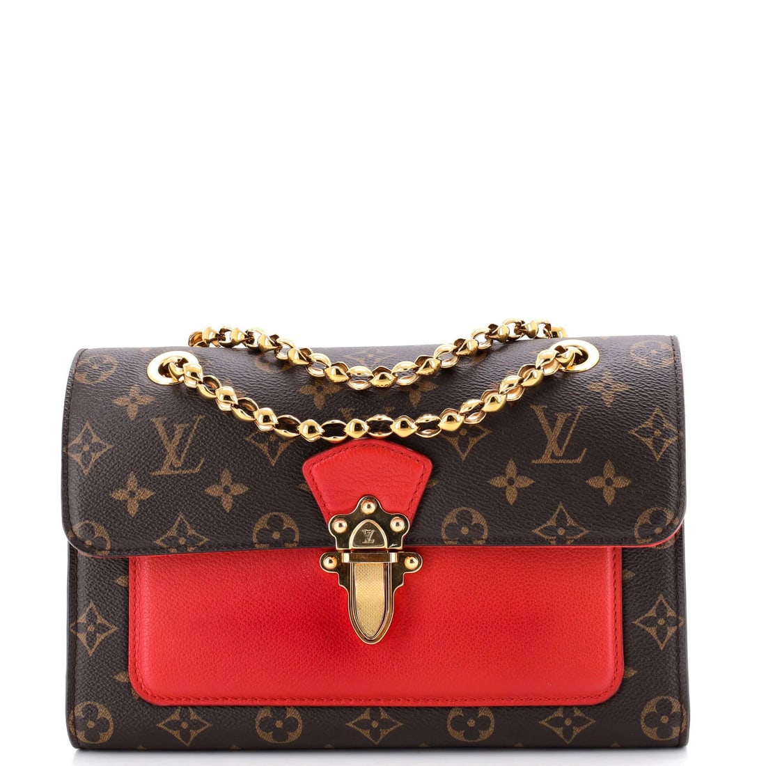 Louis Vuitton Victoire Monogram Canvas and Leather Handbag: Louis Vuitton Victoire Monogram Canvas and Leather Handbag A stunning Louis Vuitton Victoire handbag, boasting the iconic monogram canvas and luxurious leather exterior in a bold red hue, makes for a