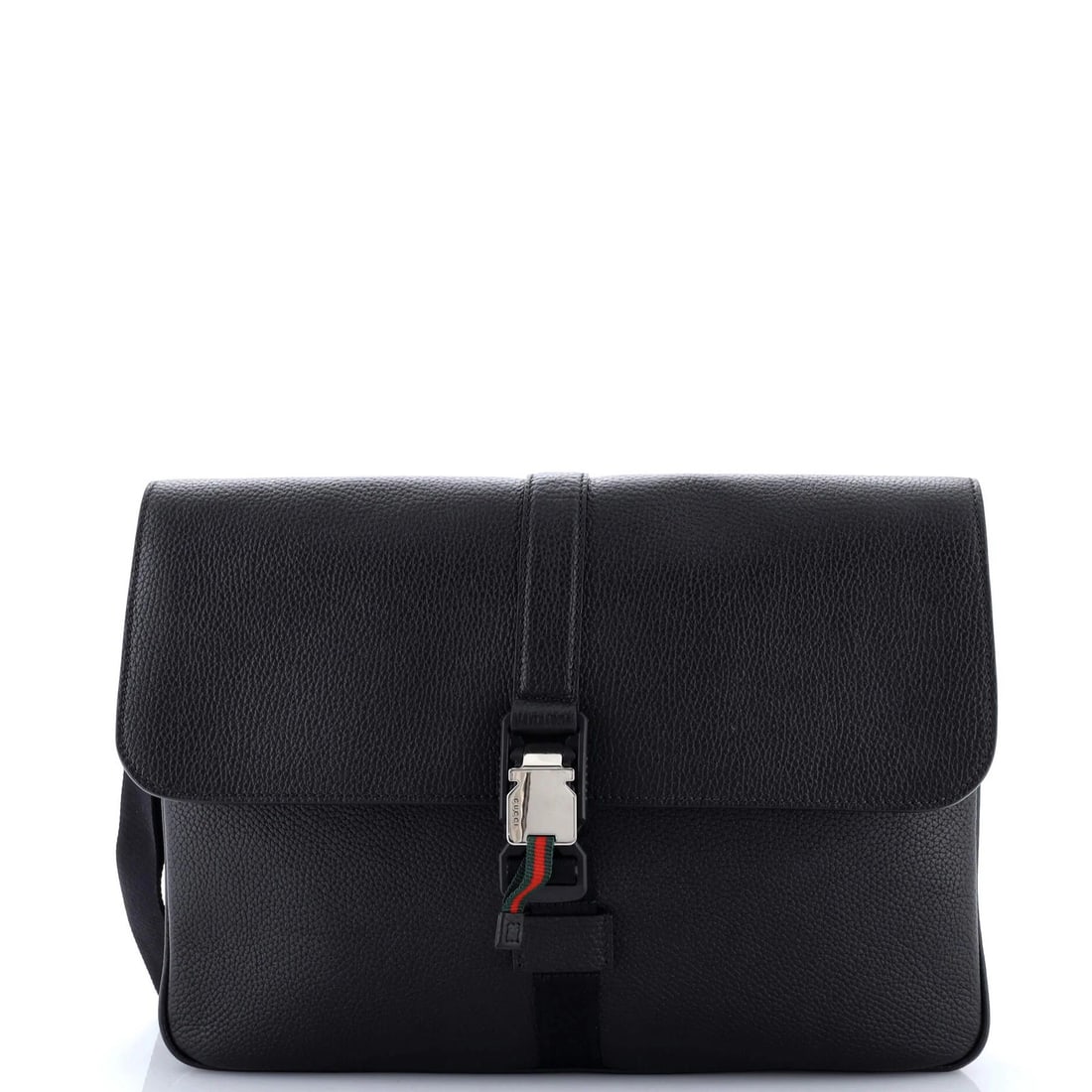 Gucci Web Buckle Wristlet Briefcase in Leather: Gucci Web Buckle Wristlet Briefcase in Leather Elevate your everyday style with the iconic Gucci Web Buckle Wristlet Briefcase, boasting sleek black leather exterior and silver hardware details that a