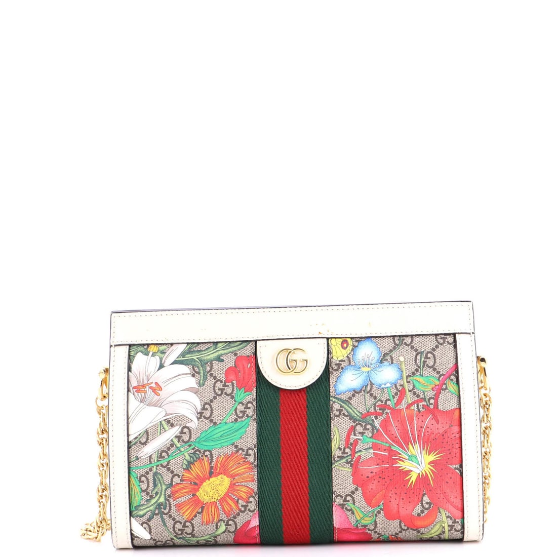 Gucci Ophidia Chain Shoulder Bag - Small Flora GG Coated Canvas: Gucci Ophidia Chain Shoulder Bag - Small Flora GG Coated Canvas The Gucci Ophidia Chain Shoulder Bag is a timeless piece of luxury, boasting the iconic Flora GG Coated Canvas design and sleek chain st