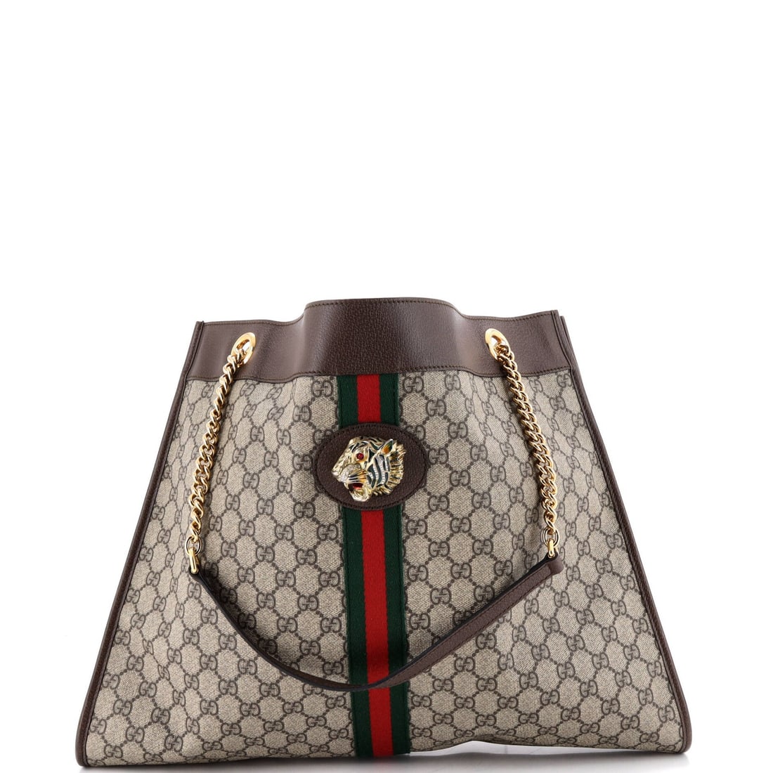 Gucci Rajah Chain Tote - Large GG Coated Canvas: Gucci Rajah Chain Tote - Large GG Coated Canvas Experience the iconic Gucci Rajah Chain Tote, boasting a spacious large size and striking GG Coated Canvas exterior in rich brown hues. The timeless
