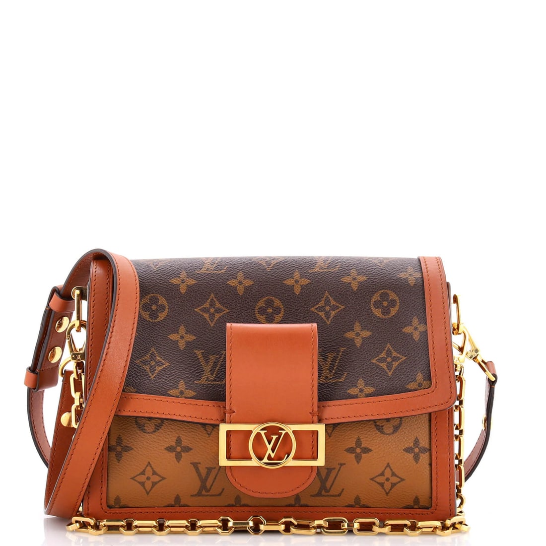 Louis Vuitton Dauphine Shoulder Bag in Reverse Monogram Canvas MM: Louis Vuitton Dauphine Shoulder Bag in Reverse Monogram Canvas MM Experience the timeless elegance of Louis Vuitton's iconic Dauphine shoulder bag, crafted from rich reverse monogram canvas in