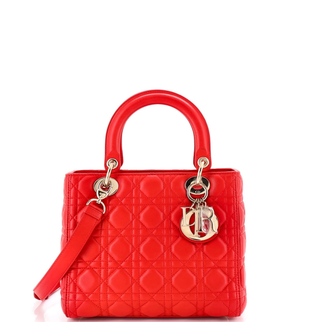 Christian Dior Lady Dior Bag - Cannage Quilt Lambskin Medium: Christian Dior Lady Dior Bag - Cannage Quilt Lambskin Medium The iconic Christian Dior Lady Dior Bag is a timeless classic, boasting a stunning Cannage Quilt Lambskin exterior in rich red leather. Wit