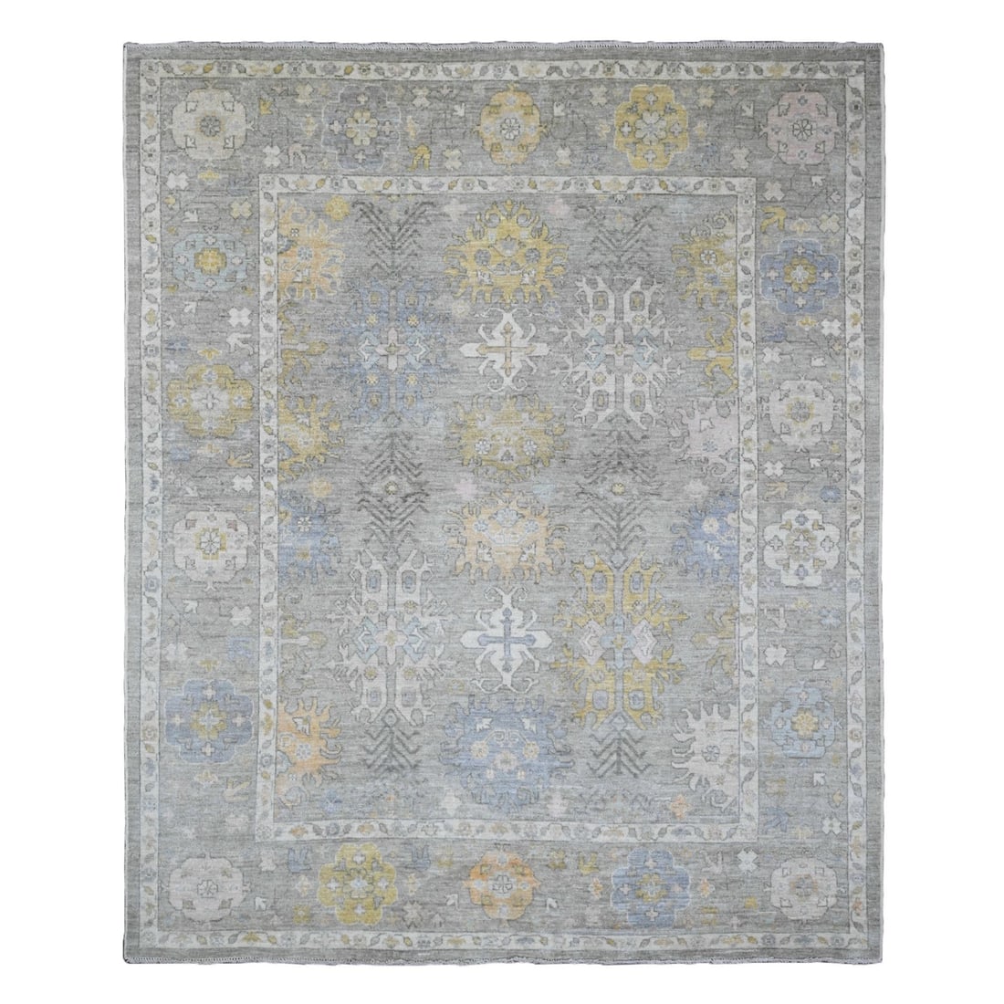 Rug 8'x9'7" Gray Afghan Angora Oushak Leaf Pattern Hand Knotted Pure Wool: Rug 8'x9'7" Gray Afghan Angora Oushak Leaf Pattern Hand Knotted Pure Wool Experience the rich beauty of India's ancient craftsmanship with this stunning 8'x9'7" Gray Afghan Angora Oushak Leaf Pattern