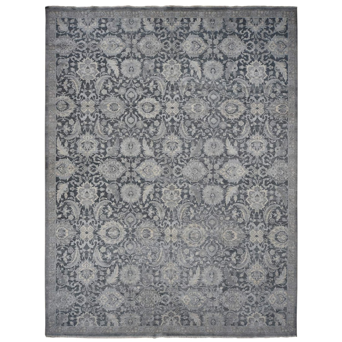 Rug 12'x15'8" Gray Hand Knotted Oushak Influence Silk with Wool Oversized: Rug 12'x15'8" Gray Hand Knotted Oushak Influence Silk with Wool Oversized Experience the rich heritage of India with this stunning 12'x15'8" gray hand-knotted Oushak influence rug, crafted from luxuri