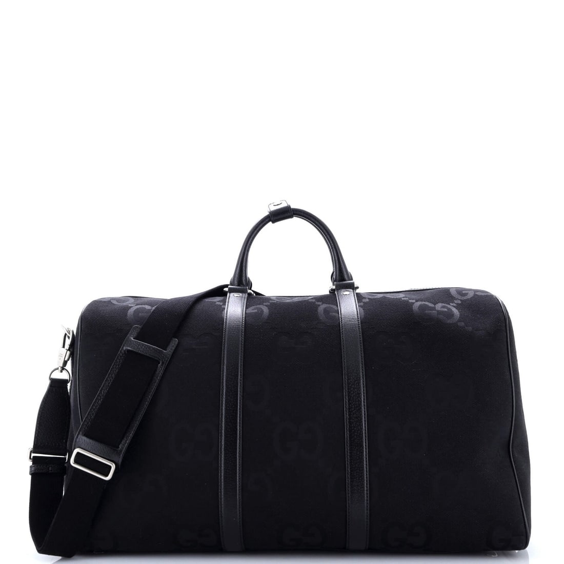 Gucci Large GG Embossed Leather Duffle Bag: Gucci Large GG Embossed Leather Duffle Bag Experience the epitome of luxury travel with this stunning Gucci Large GG Embossed Leather Duffle Bag, boasting sleek black exterior and rich jumbo GG emboss