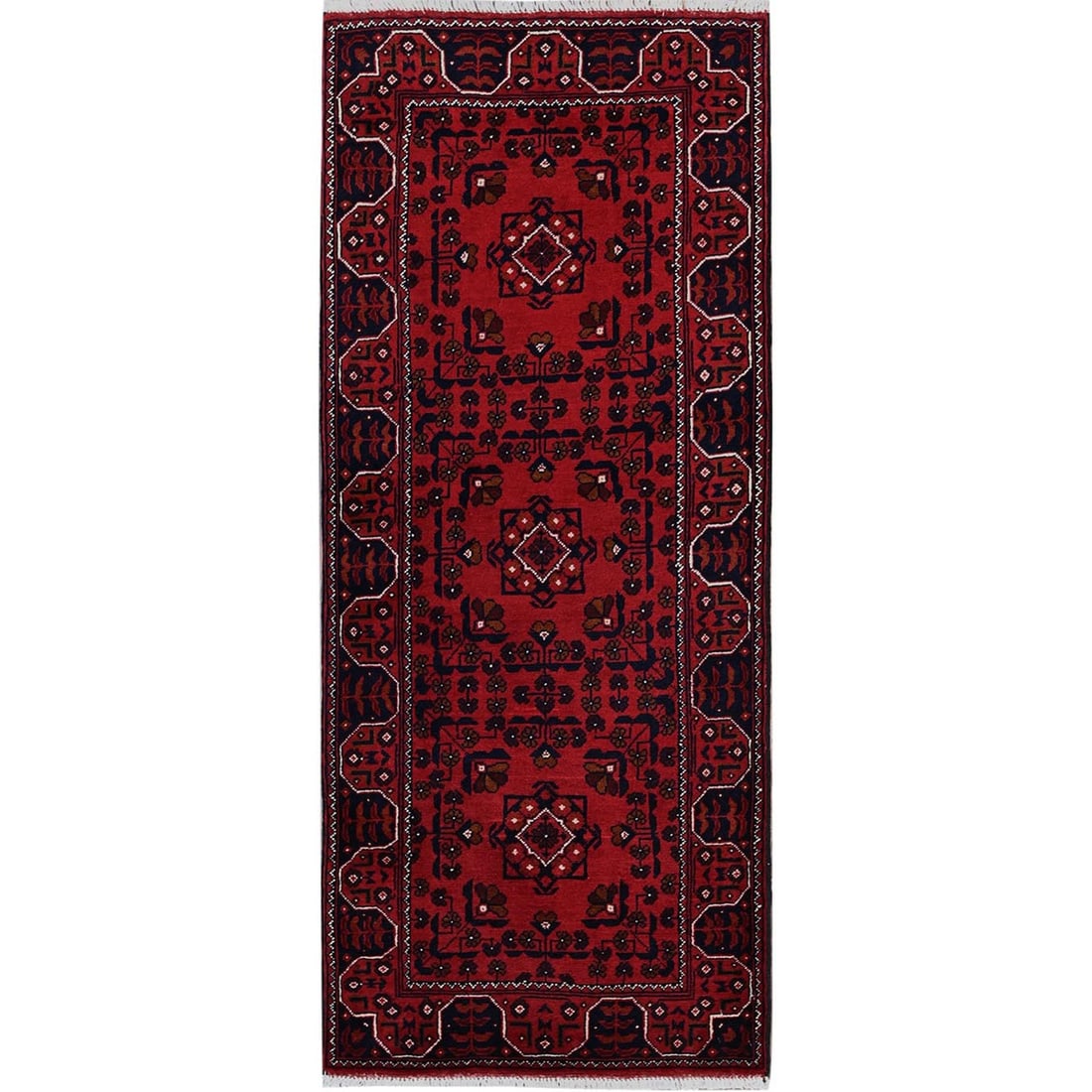 Rug 2'2"x5'4" Red Afghan Khamyab Tribal Design All Wool Hand Knotted Runner: Rug 2'2"x5'4" Red Afghan Khamyab Tribal Design All Wool Hand Knotted Runner Experience the rich cultural heritage of Afghanistan with this stunning 100% wool, hand-knotted runner from the iconic Red