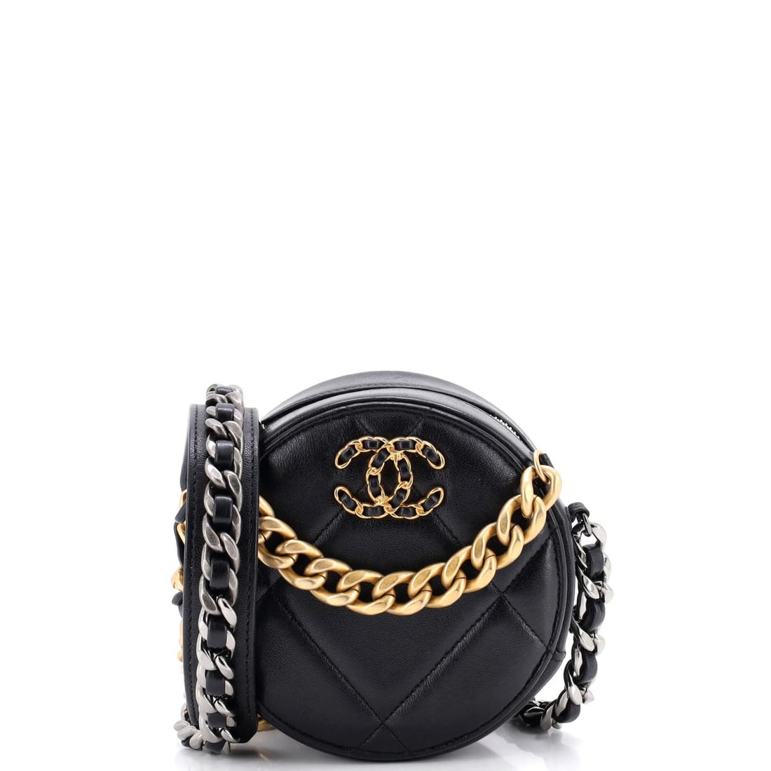 Chanel 19 Round Quilted Leather Clutch with Chain: Chanel 19 Round Quilted Leather Clutch with Chain A sleek and sophisticated Chanel 19 Round Quilted Leather Clutch with Chain is up for grabs, boasting the iconic quilted leather exterior in black