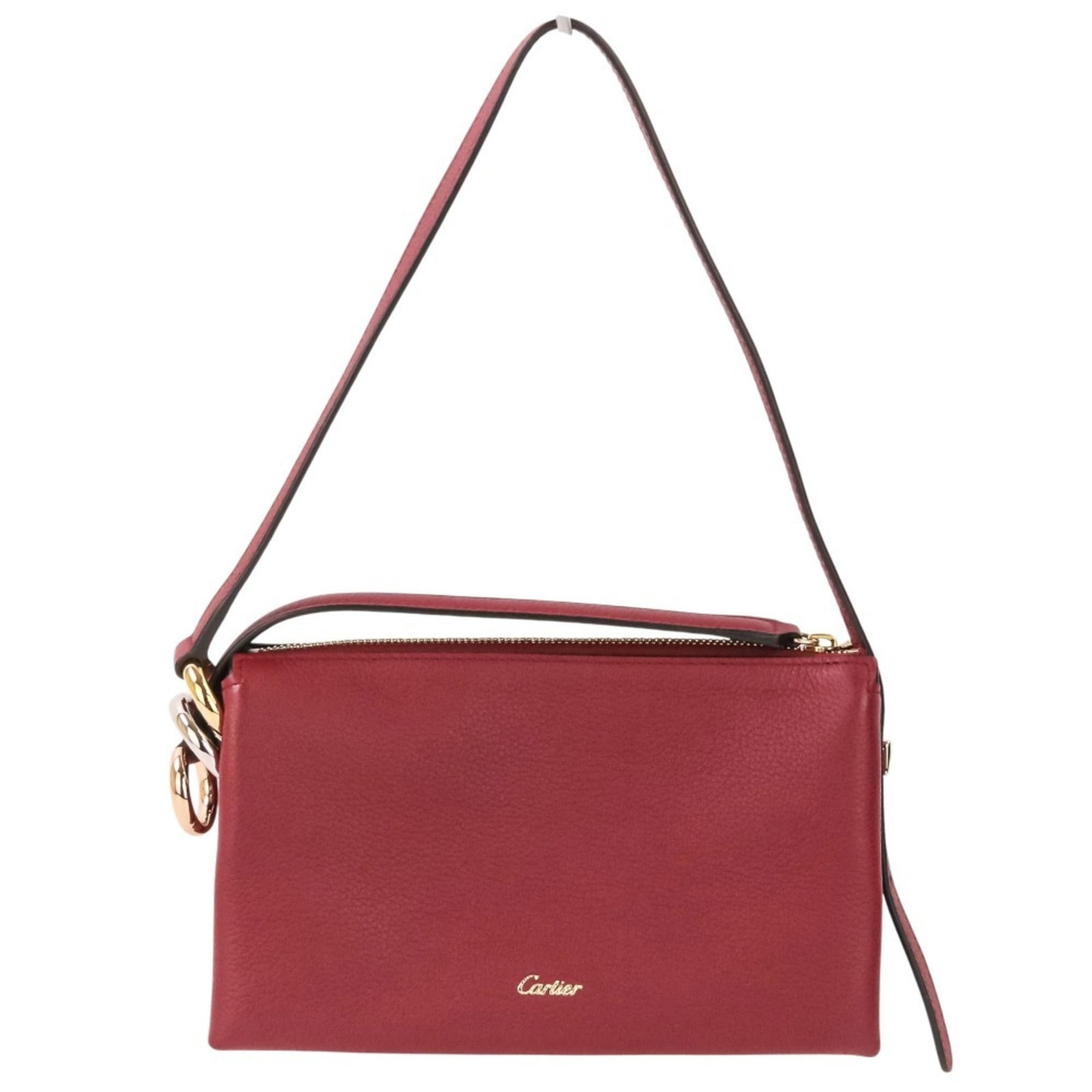 Cartier Shoulder Bag in Leather: Cartier Shoulder Bag in Leather A stunning Cartier shoulder bag in rich red leather, boasting the iconic brand's signature elegance and sophistication. With its sleek 12cm x 19.5cm design and mint