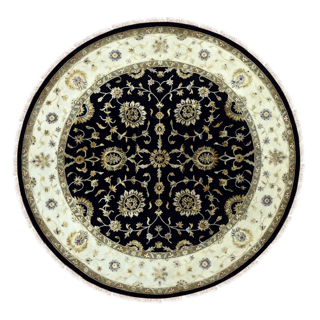 Rug 10'2"x10'2" Black Rajasthan Wool and Silk Hand Knotted Round: Rug 10'2"x10'2" Black Rajasthan Wool and Silk Hand Knotted Round Experience the rich beauty of India with this stunning 10'2"x10'2" black Rajasthan wool and silk hand-knotted round rug, expertly craft