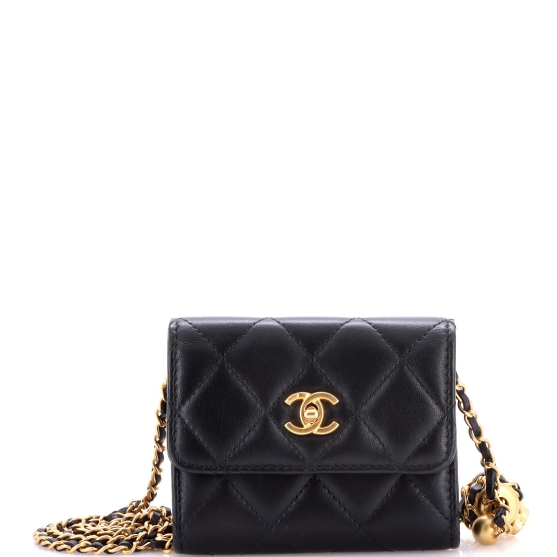 Chanel Pearl Crush Card Holder in Quilted Lambskin with Chain: Chanel Pearl Crush Card Holder in Quilted Lambskin with Chain A chic and timeless piece, the Chanel Pearl Crush Card Holder in Quilted Lambskin with Chain is a stylish accessory that adds a touch of