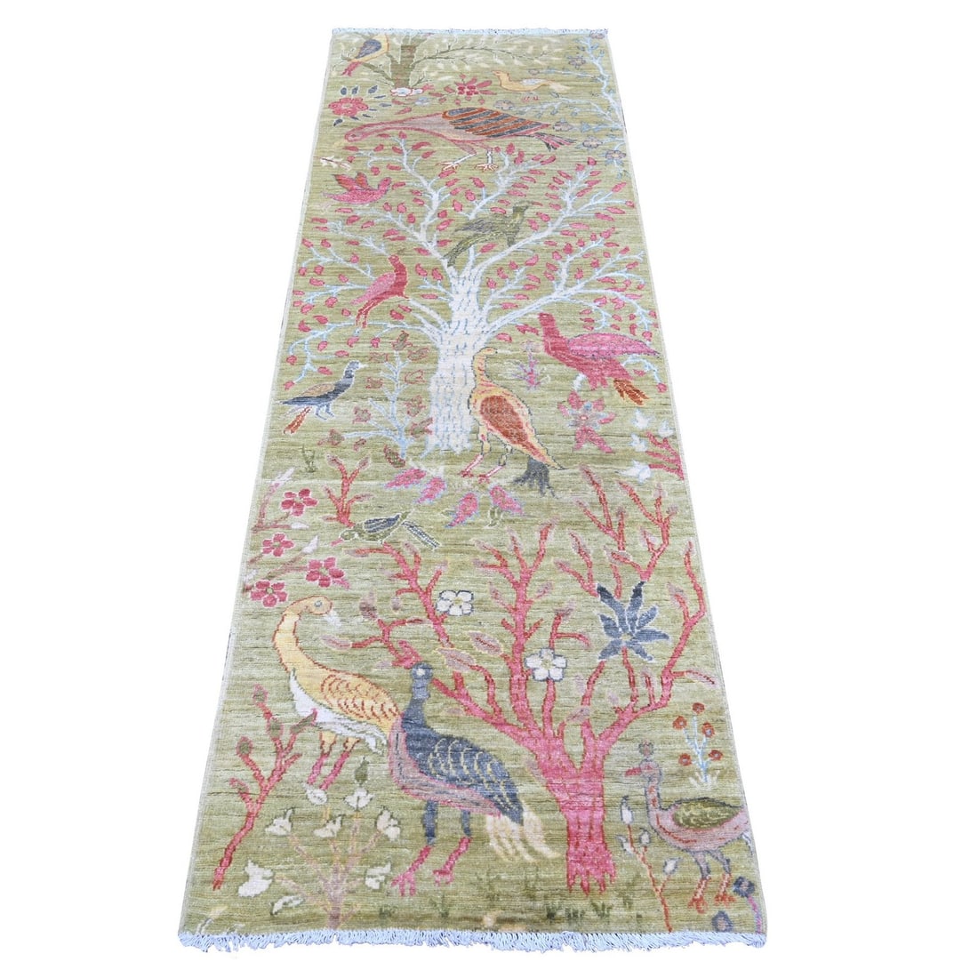 Birds of Paradise Design Hand Knotted Green Wool Rug (2'6"x7'8"): Birds of Paradise Design Hand Knotted Green Wool Rug (2'6"x7'8") Experience the rich cultural heritage of Afghanistan with this stunning hand-knotted green wool rug, expertly woven in the traditional