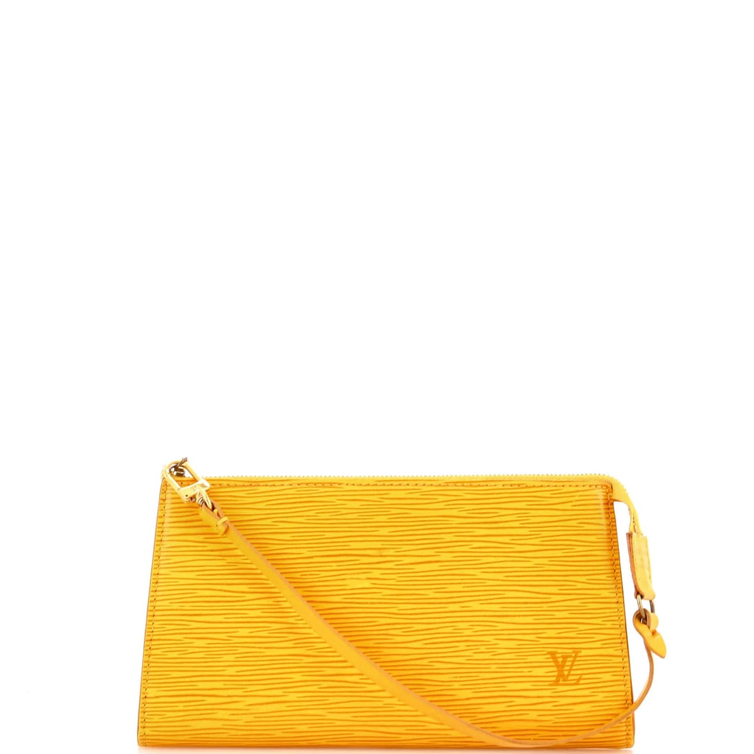 Leather Louis Vuitton Pochette Accessoires Epi: Leather Louis Vuitton Pochette Accessoires Epi A rare and stylish find, this authentic Louis Vuitton Pochette Accessoires Epi clutch boasts a unique yellow exterior with brown accents, adding a touch