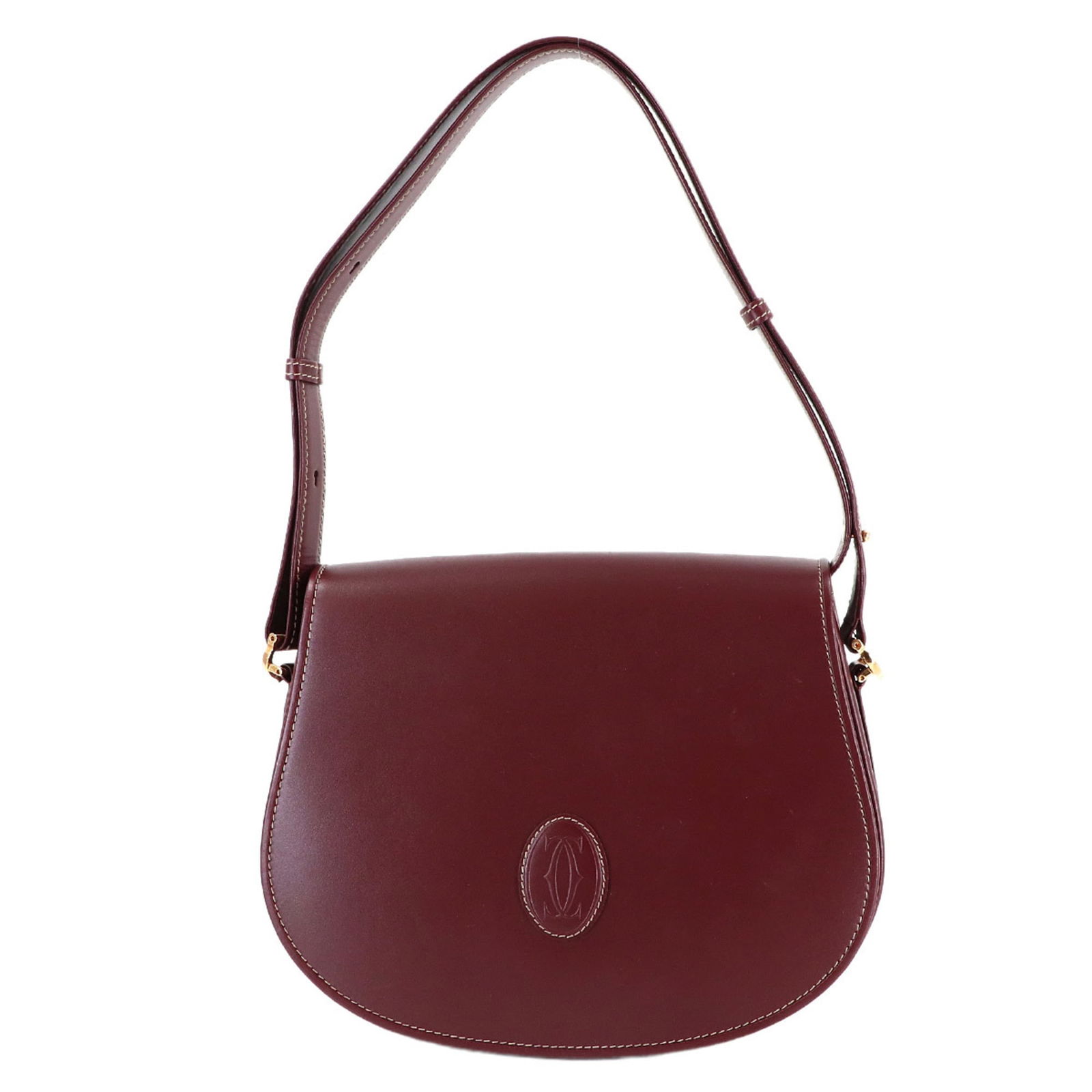 Cartier Shoulder Bag in Leather: Cartier Shoulder Bag in Leather Experience the timeless elegance of Cartier with this stunning Bordeaux leather shoulder bag, boasting classic design and premium quality. In mint condition, this pre-o