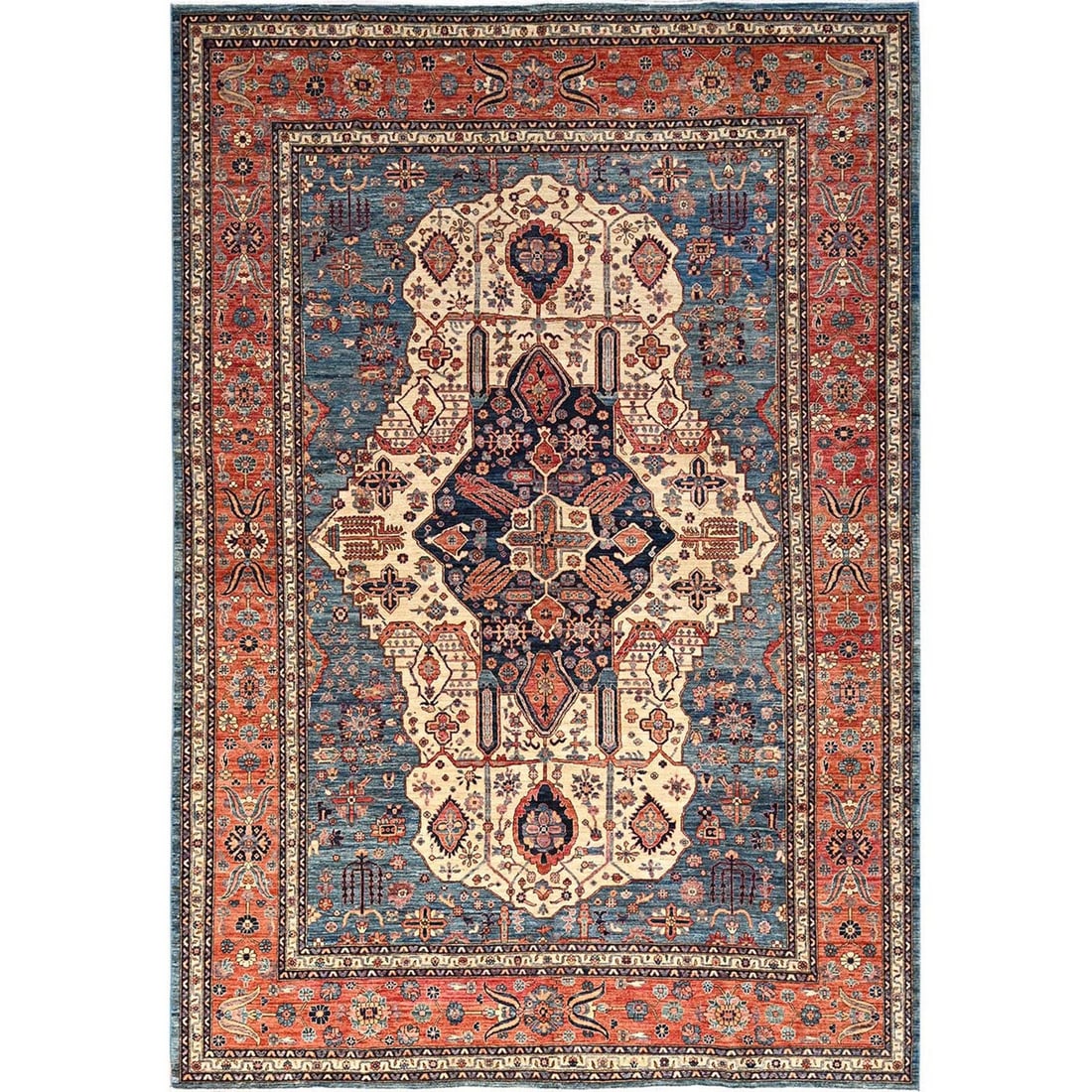 Knotted 10'2"x14'6" Blue Farahan Saroogh Design Aryana Grade Wool Rug Hand: Knotted 10'2"x14'6" Blue Farahan Saroogh Design Aryana Grade Wool Rug Hand Experience the rich beauty of traditional Afghan craftsmanship with this stunning hand-knotted wool rug, featuring an