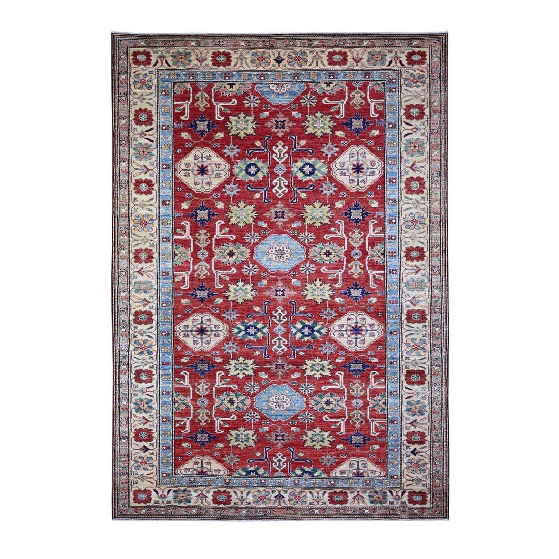 Rug 6'8"x9'10" Red Afghan Super Kazak Gul Motifs Soft Wool Hand Knotted: Rug 6'8"x9'10" Red Afghan Super Kazak Gul Motifs Soft Wool Hand Knotted Experience the rich cultural heritage of Afghanistan in this stunning, hand-knotted Red Afghan Super Kazak rug, featuring