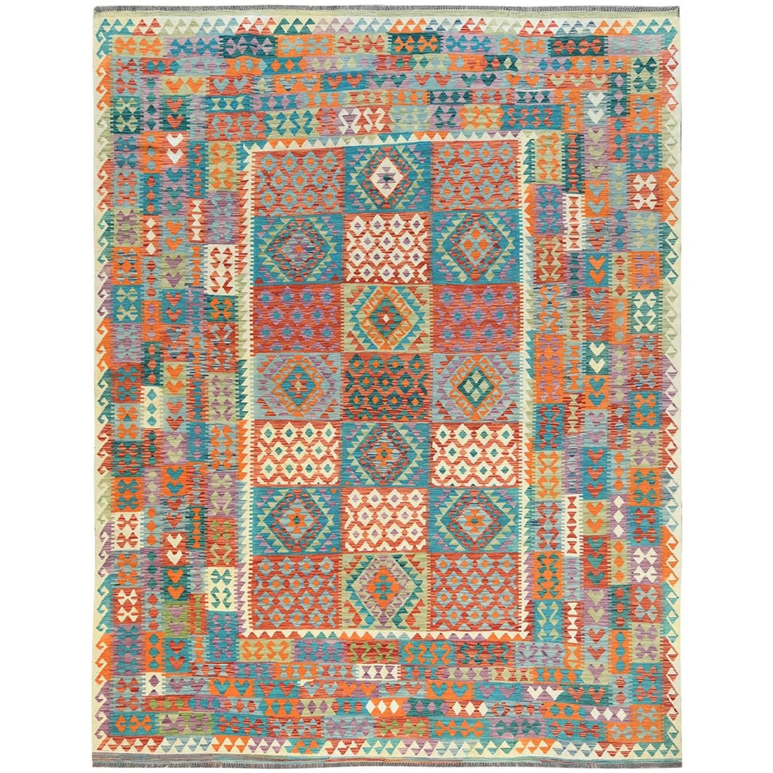 Rug 9'9"x13' Colorful Organic Wool Hand Woven Afghan Kilim Flat Weave (1 of 6)