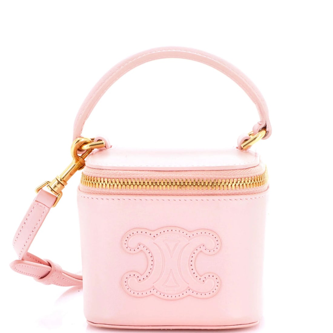 Celine Cuir Mini Top Handle Vanity Case Leather: Celine Cuir Mini Top Handle Vanity Case Leather Elevate your daily essentials with the chic Celine Cuir Mini Top Handle Vanity Case Leather, boasting sleek pink leather exterior and interior, adorned