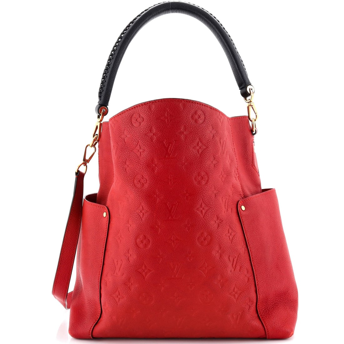 Leather Louis Vuitton Bagatelle Hobo Monogram Empreinte: Leather Louis Vuitton Bagatelle Hobo Monogram Empreinte A rare and stylish Louis Vuitton Bagatelle Hobo in bold red, boasting the iconic Monogram Empreinte pattern on its exterior. With its classic
