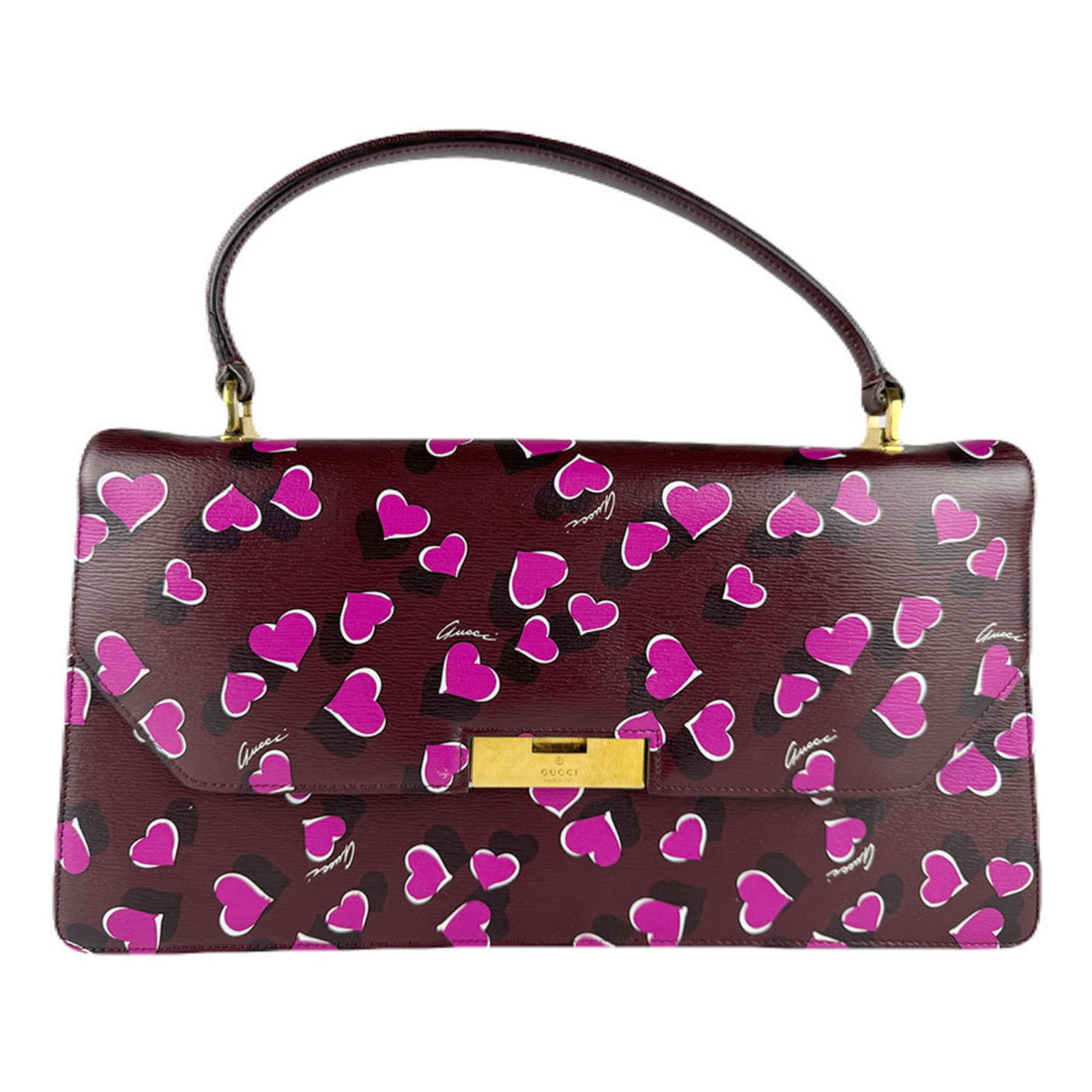 Gucci Leather Handbag: Gucci Leather Handbag A pre-owned Gucci leather handbag in rich Bordeaux and soft pink hues, this iconic bag boasts the signature Gucci craftsmanship that exudes luxury and sophistication. With its