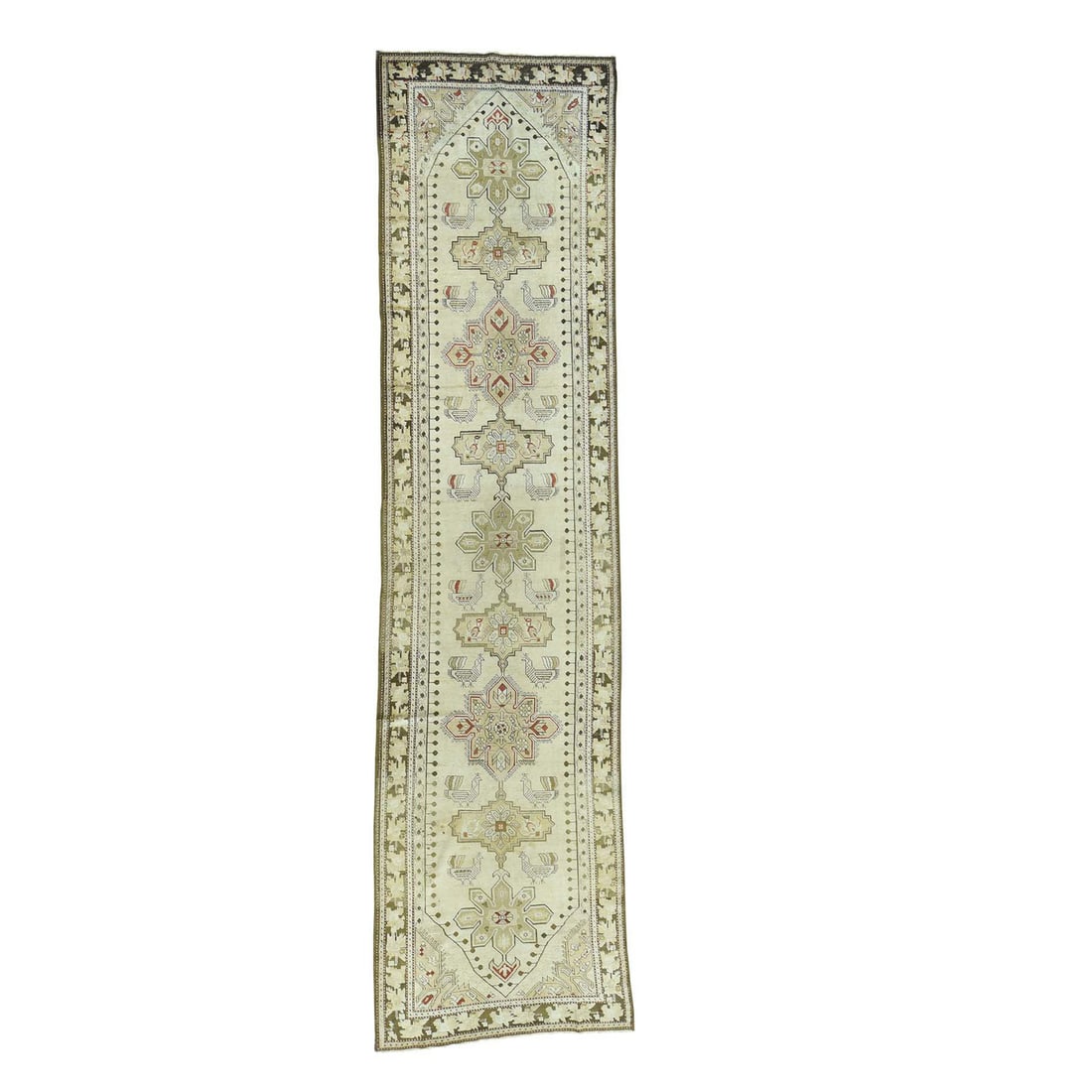 Rug 3'8"x15' Green Handmade Antique Caucasian Karabakh Wool Wide Runner: Rug 3'8"x15' Green Handmade Antique Caucasian Karabakh Wool Wide Runner Experience the rich heritage of Caucasian Karabakh with this stunning, handmade wool rug, measuring 3'8"x15', in a vibrant
