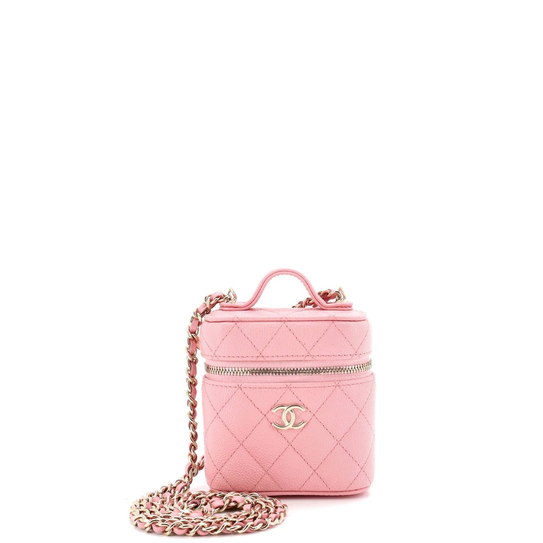 Caviar Chanel Handle with Care Vanity Case with Chain Quilted: Caviar Chanel Handle with Care Vanity Case with Chain Quilted This stunning Caviar Chanel Handle with Care Vanity Case is a true luxury find, boasting a chic pink quilted exterior and gold-tone