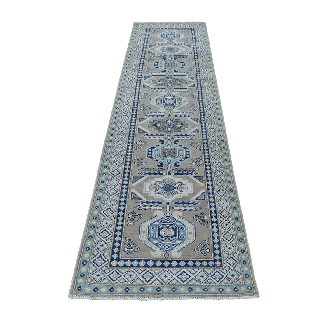 Caucasian Vintage Look Kazak Wool Hand-Knotted Runner Rug (2'6"x9'9"): Caucasian Vintage Look Kazak Wool Hand-Knotted Runner Rug (2'6"x9'9") Experience the timeless beauty of traditional Turkish craftsmanship with this stunning Caucasian Vintage Look Kazak Wool Hand-Knot