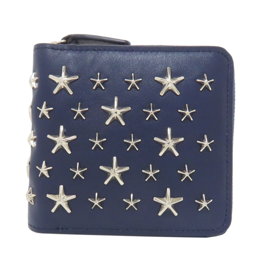 Jimmy Choo Star Motif Bifold Wallet with Coin Pocket Leather: Jimmy Choo Star Motif Bifold Wallet with Coin Pocket Leather Elevate your everyday style with the Jimmy Choo Star Motif Bifold Wallet, crafted from rich navy leather and boasting a sleek bifold