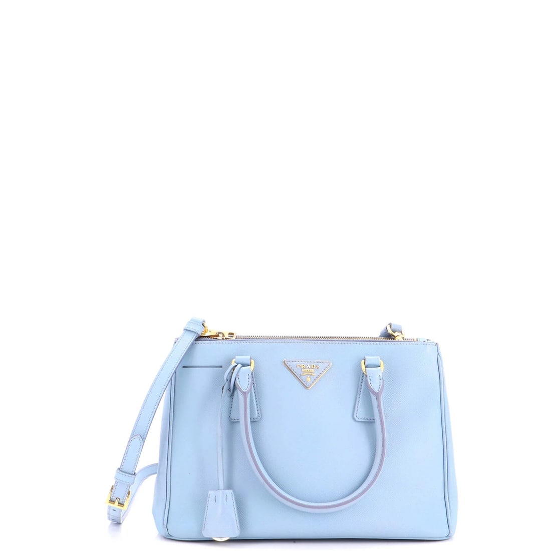 Prada Double Zip Lux Saffiano Leather Small Tote: Prada Double Zip Lux Saffiano Leather Small Tote Experience the timeless elegance of Prada's Double Zip Lux Saffiano Leather Small Tote, boasting a sleek blue exterior and luxurious gold hardware.