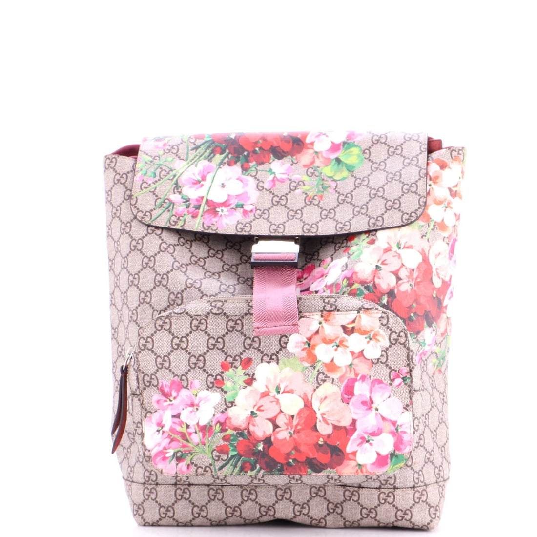 Gucci Small Blooms Print GG Coated Canvas Backpack: Gucci Small Blooms Print GG Coated Canvas Backpack Elevate your everyday style with the iconic Gucci Small Blooms Print GG Coated Canvas Backpack, boasting a vibrant pink hue and striking blooms
