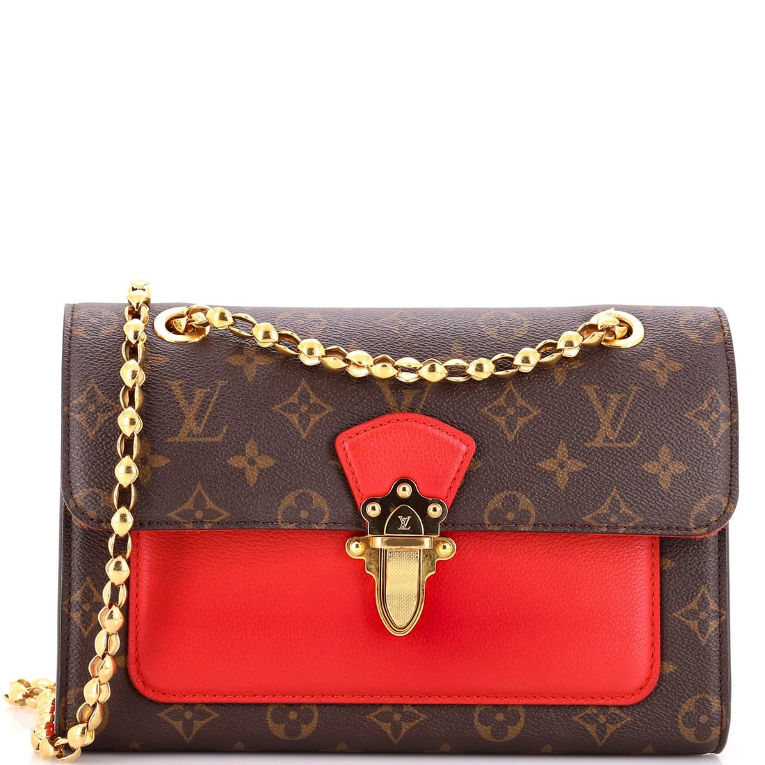 Louis Vuitton Victoire Monogram Canvas and Leather Handbag: Louis Vuitton Victoire Monogram Canvas and Leather Handbag Own the iconic style of Louis Vuitton's Victoire handbag, boasting a striking red monogram canvas exterior and rich leather accents. With