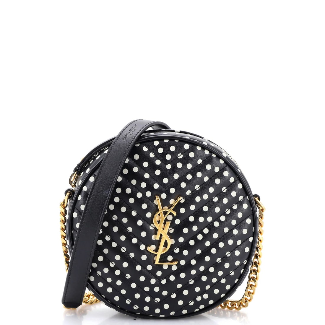 Leather Saint Laurent Vinyle Round Camera Bag Print Matelasse Chevron: Leather Saint Laurent Vinyle Round Camera Bag Print Matelasse Chevron A sleek and stylish Saint Laurent Vinyle Round Camera Bag Print Matelasse Chevron leather bag, boasting a chic black exterior