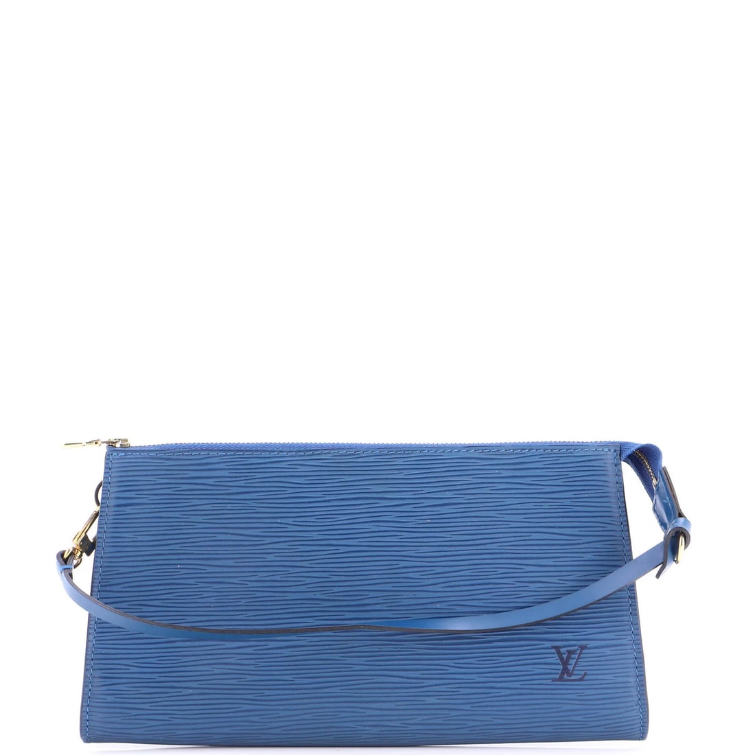 Leather Louis Vuitton Pochette Accessoires Epi: Leather Louis Vuitton Pochette Accessoires Epi A stunning blue Pochette Accessoires Epi from Louis Vuitton, boasting sleek leather exterior and gold hardware, is a chic accessory for any occasion.
