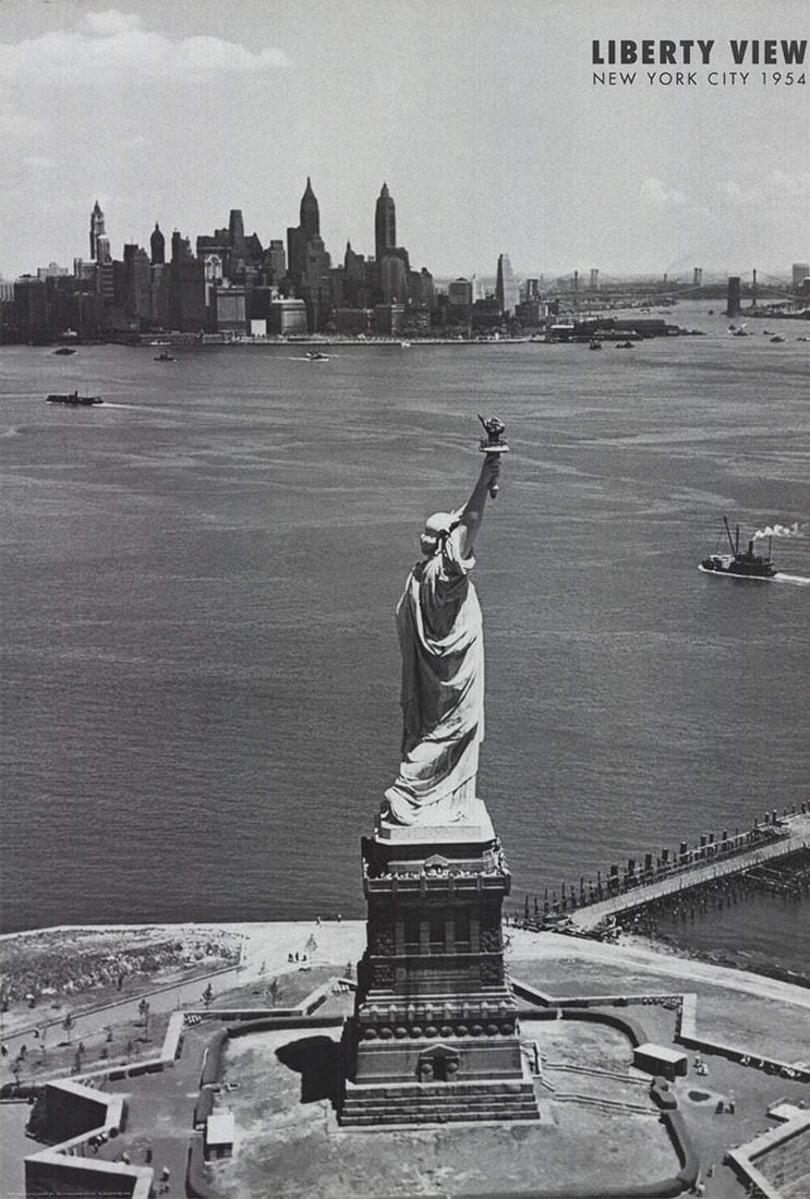 Liberty View Artist Unknown Offset Lithograph 2001 (34" x 24"): Liberty View Artist Unknown Offset Lithograph 2001 (34" x 24") A striking black and white offset lithograph, "Liberty View" by an unknown artist, captures the essence of American history in 2001. Meas