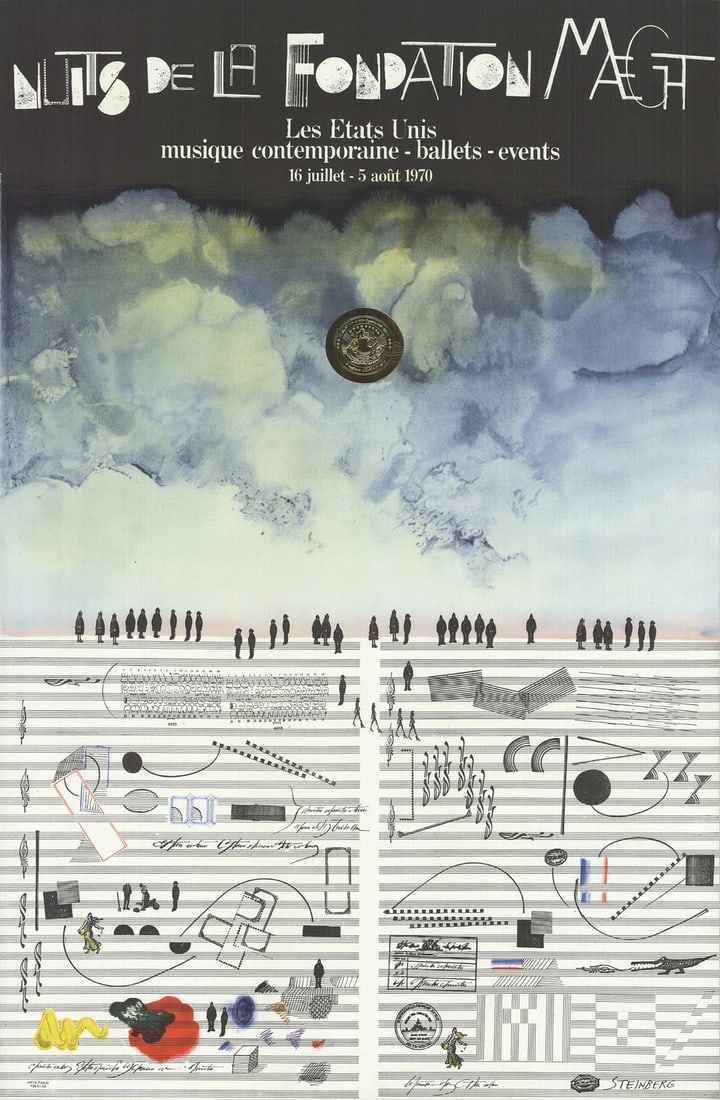 W SAUL STEINBERG Nuits De La Fondation 34.75" x 22.75" Lithograph 1970 Modernism: W SAUL STEINBERG Nuits De La Fondation 34.75" x 22.75" Lithograph 1970 Modernism Saul Steinberg's iconic lithograph, Nuits De La Fondation, is a masterpiece of modernist art from 1970. Measuring