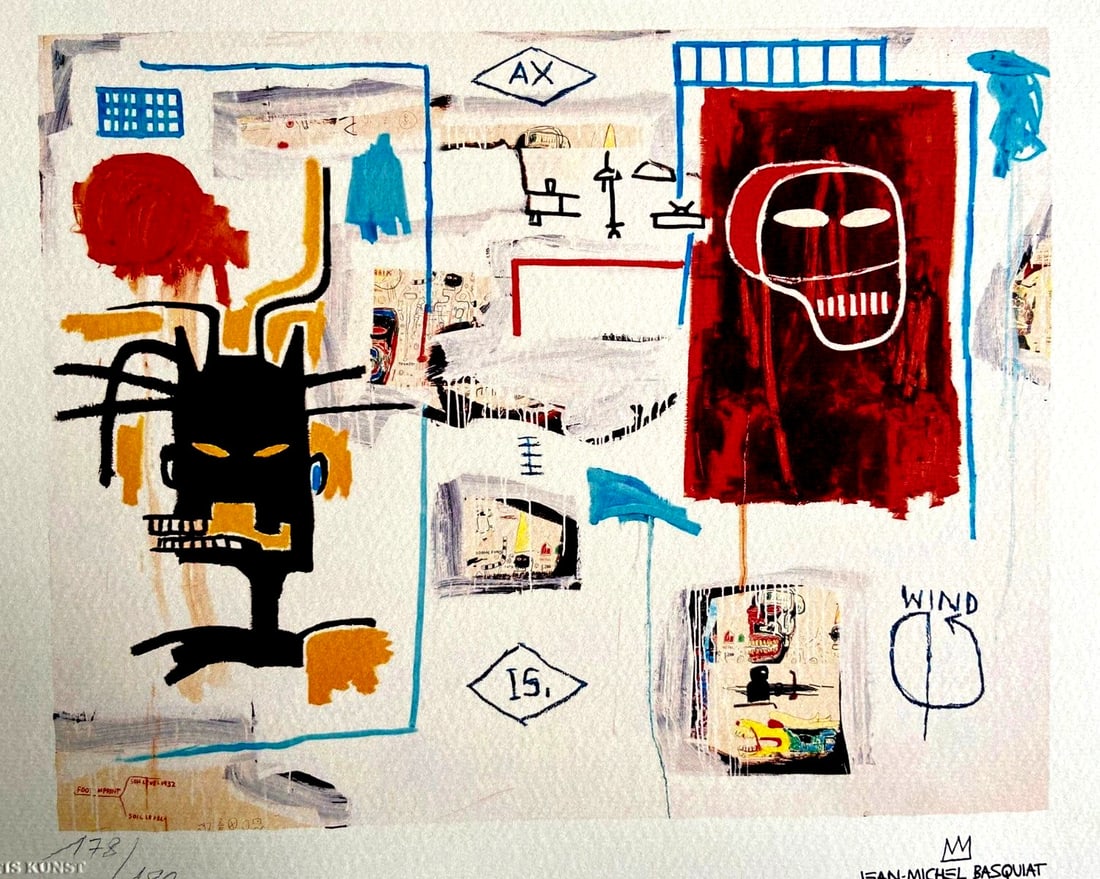 ES Jean-Michel Basquiat Lithograph Numbered Stamped 180: ES Jean-Michel Basquiat Lithograph Numbered Stamped 180 A rare and highly sought-after print, this 1987 Jean-Michel Basquiat lithograph is one of only 180 specimens produced by the esteemed Atlantis