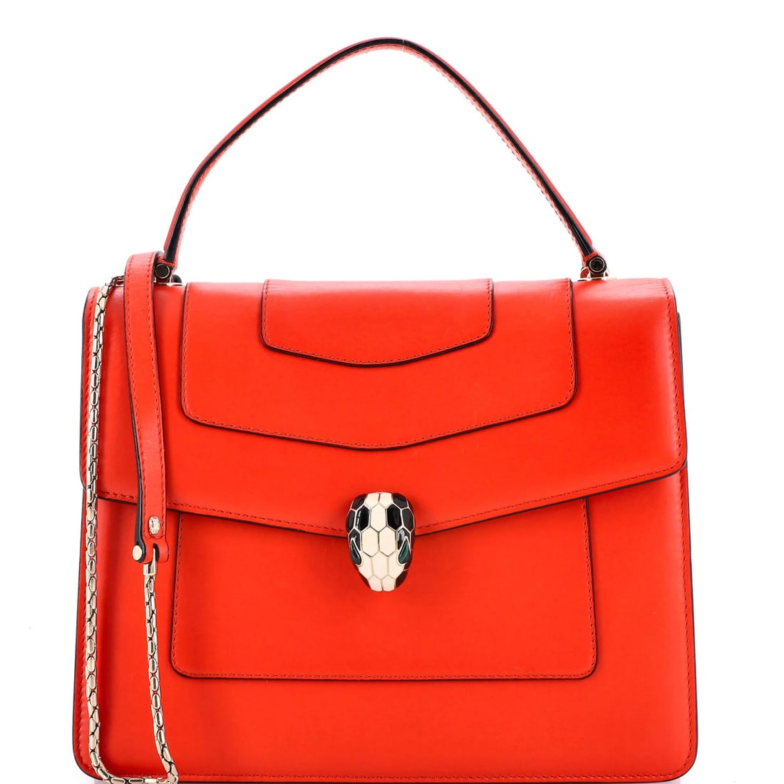 Bvlgari Serpenti Forever Top Handle Bag in Medium Leather: Bvlgari Serpenti Forever Top Handle Bag in Medium Leather A stunning Bvlgari Serpenti Forever Top Handle Bag in rich red leather, boasting the iconic serpent motif and sleek design that has