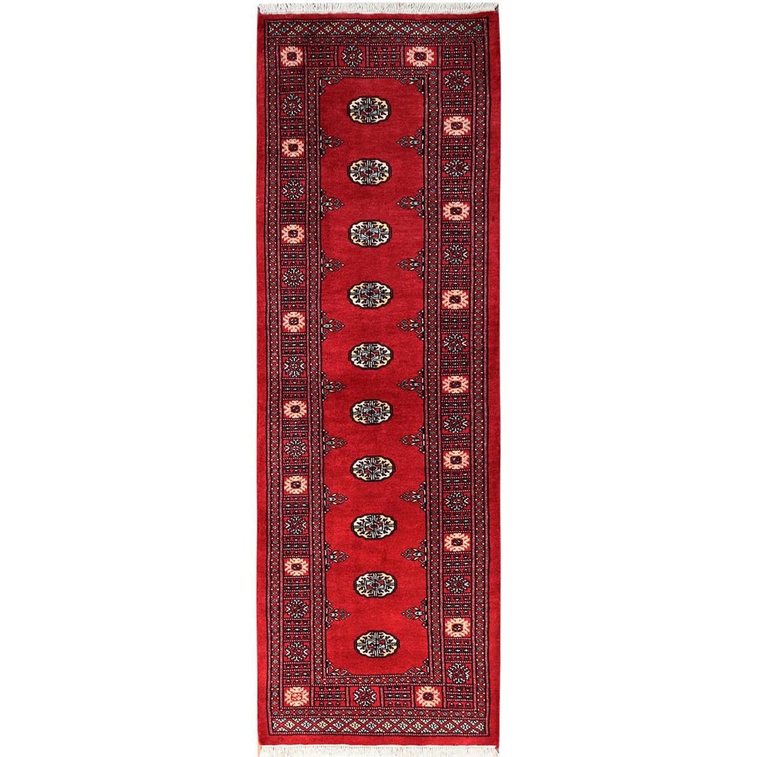 Knotted 2'7"x8'1" Red Princess Bokara Tribal Medallions Rug All Wool Hand: Knotted 2'7"x8'1" Red Princess Bokara Tribal Medallions Rug All Wool Hand Experience the rich cultural heritage of Afghanistan with this stunning, hand-knotted Red Princess Bokara Tribal Medallions