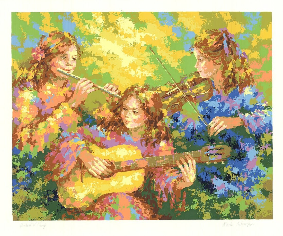 Con KARIN SCHAEFERS Three Women Playing Music SIGNED 27.25" x 33" Serigraph 1982: Con KARIN SCHAEFERS Three Women Playing Music SIGNED 27.25" x 33" Serigraph 1982 Experience the vibrant energy of Karin Schaefers' 1982 serigraph, "Three Women Playing Music", a dynamic depiction of f