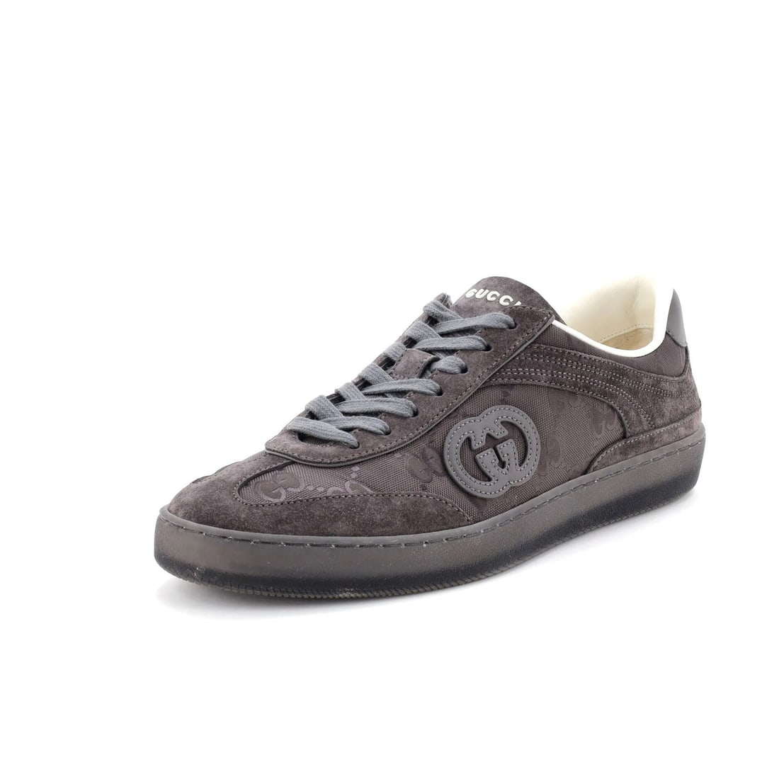 Gucci Men's G75 Suede & GG Canvas Sneakers: Gucci Men's G75 Suede & GG Canvas Sneakers Get ready to elevate your sneaker game with the Gucci Men's G75 Suede & GG Canvas Sneakers, boasting a sleek gray upper made from high-quality canvas and