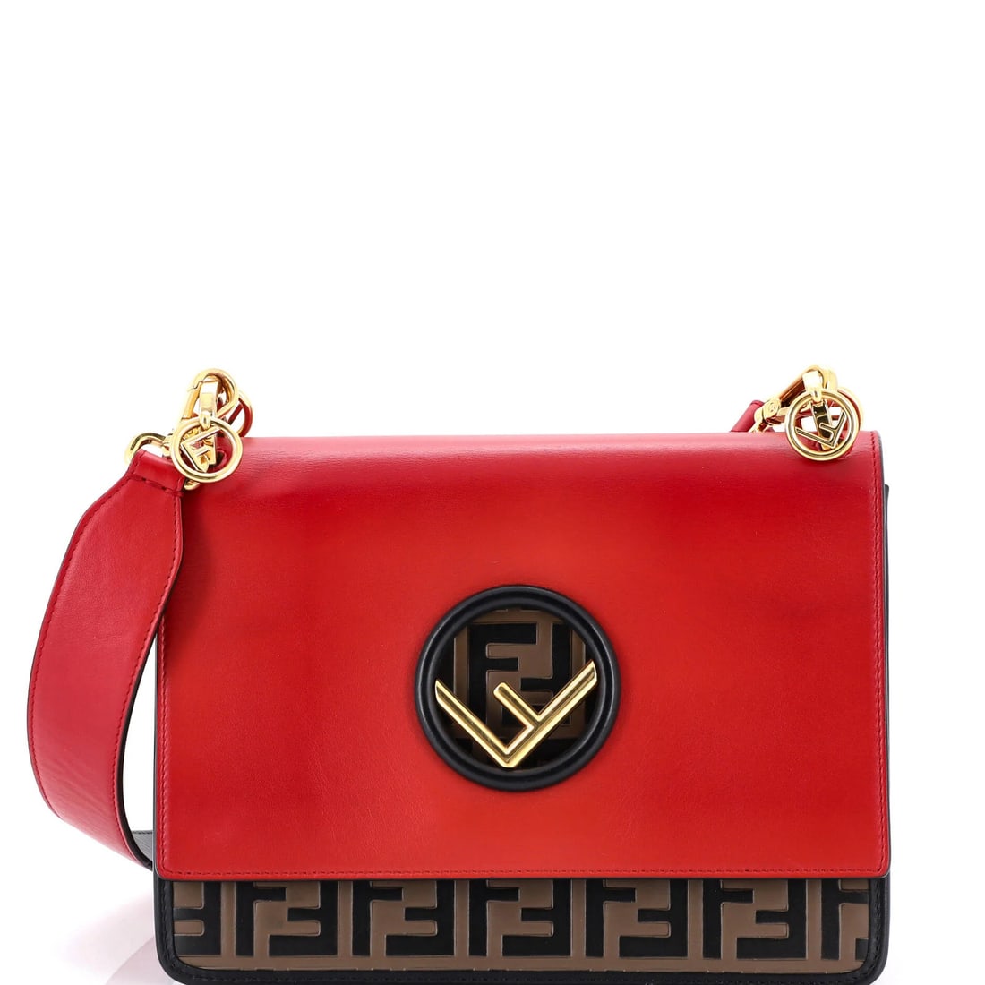 Fendi Kan I F Shoulder Bag in Medium, Zucca Embossed Leather: Fendi Kan I F Shoulder Bag in Medium, Zucca Embossed Leather Elevate your style with the iconic Fendi Kan I F Shoulder Bag, boasting striking red and brown zucca embossed leather details that add a