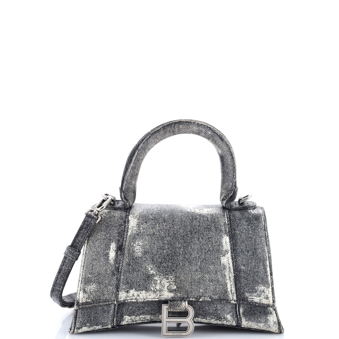 Balenciaga Hourglass Small Denim Printed Leather Top Handle Bag: Balenciaga Hourglass Small Denim Printed Leather Top Handle Bag Elevate your style with the iconic Balenciaga Hourglass Small Denim Printed Leather Top Handle Bag, boasting sleek black leather
