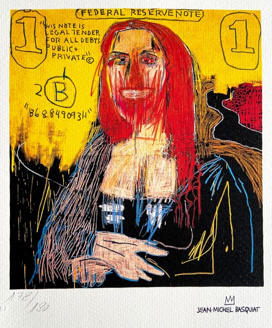 Numbered Jean M Basquiat 'Mona Lisa': Numbered Jean M Basquiat 'Mona Lisa' A rare opportunity to own a piece of art history, this 1987 chromolithograph by Jean-Michel Basquiat is a unique interpretation of the Mona Lisa, printed in