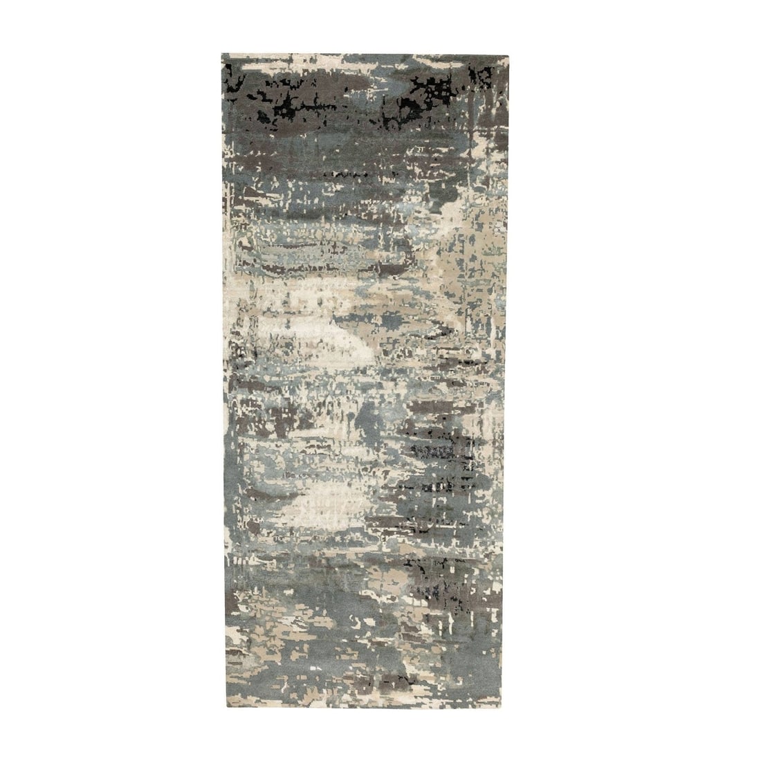 Rug 4'1"x10' Gray Abstract Design Wool and Silk Hi-Low Pile Hand Knotted: Rug 4'1"x10' Gray Abstract Design Wool and Silk Hi-Low Pile Hand Knotted Experience the rich textures and subtle nuances of Indian craftsmanship with this stunning 4'1"x10' gray abstract design wool a
