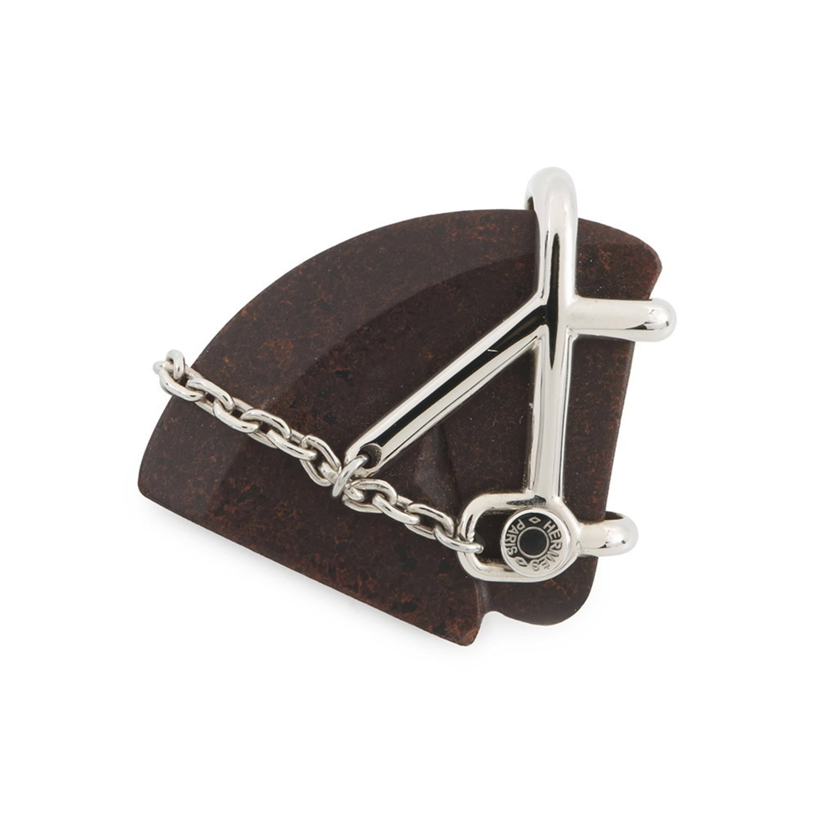 Hermes Metal Brooch: Hermes Metal Brooch A timeless piece of luxury, this Hermes metal brooch boasts a rich brown hue and sleek design that adds a touch of sophistication to any outfit. With its sturdy metal construction