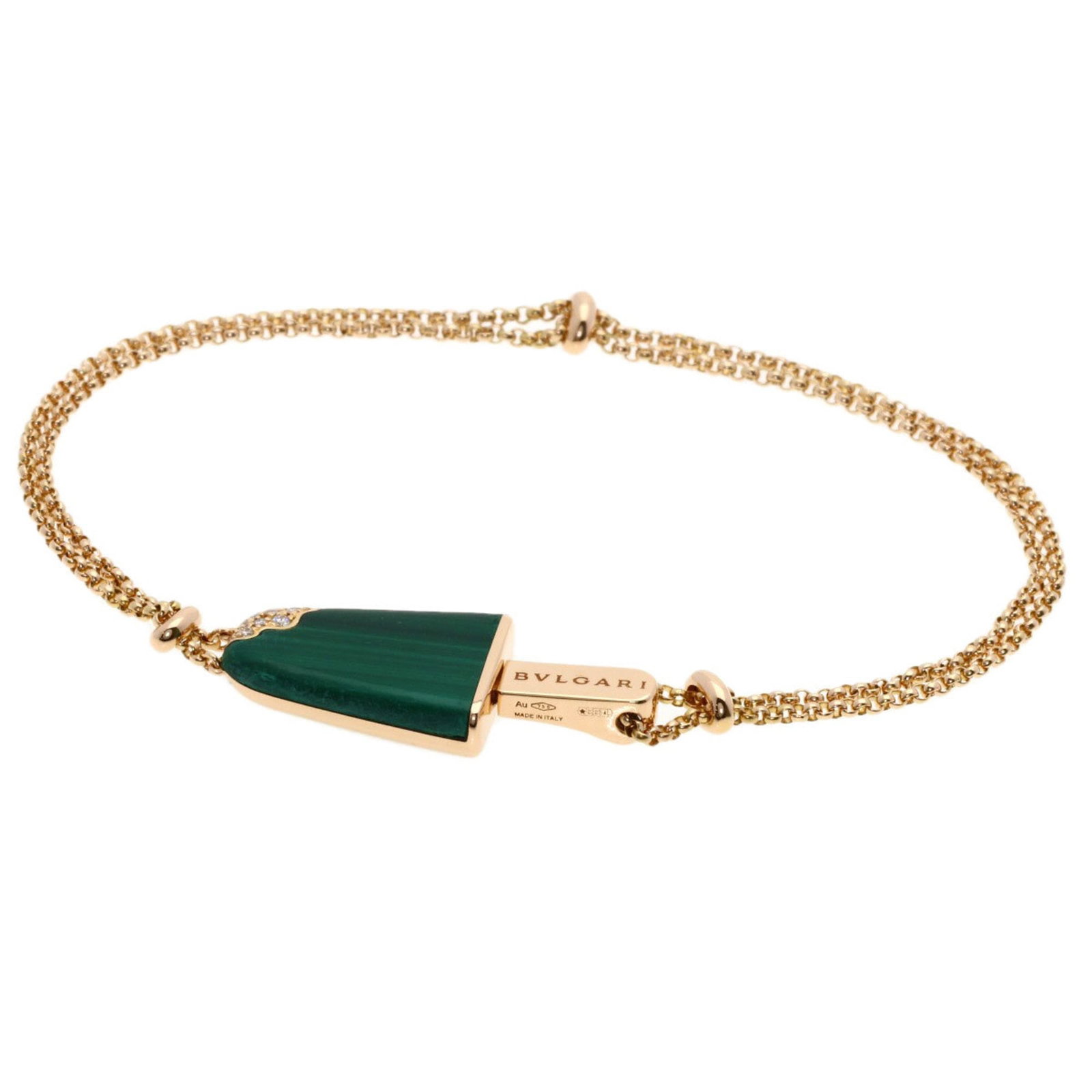 Bracelet Bvlgari Charm: Bracelet Bvlgari Charm A stunning 18K gold Bvlgari charm bracelet, adorned with a beautiful pink diamond and malachite stone, adds a touch of elegance to any outfit. With its sleek design and delicate