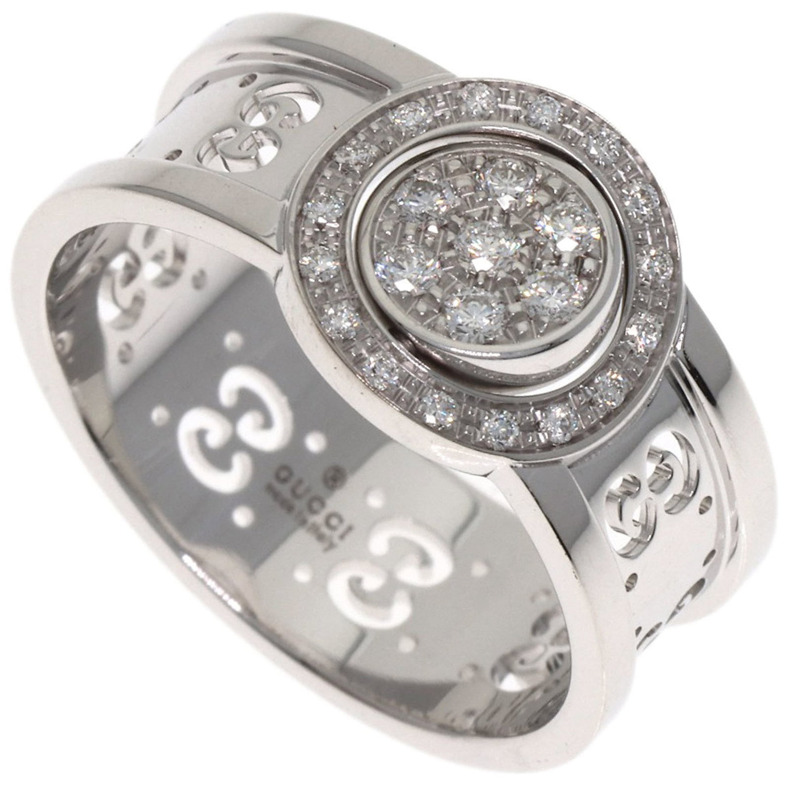 Ring Gucci Band: Ring Gucci Band Elevate your style with the iconic Gucci band ring, boasting 18K white gold craftsmanship and a stunning diamond stone. This pre-loved beauty still shines bright, with only minor signs