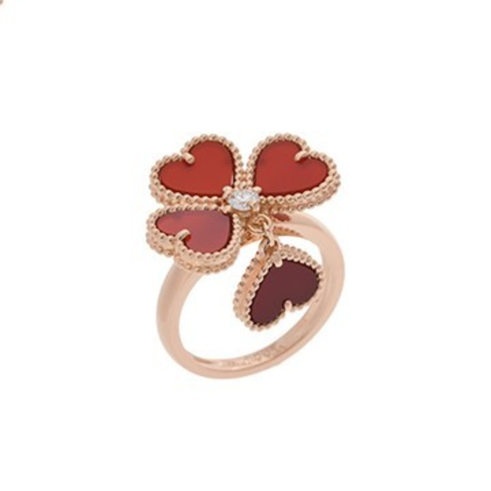Pink Gold 18k Van Cleef & Arpels Band Ring: Pink Gold 18k Van Cleef & Arpels Band Ring A stunning 18k pink gold band ring from the iconic French jeweler Van Cleef & Arpels, adorned with vibrant carnelian and diamond accents that add a touch of