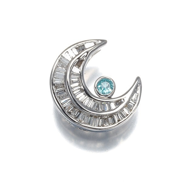 Paraiba Tourmaline Diamond Tapered Cut Moon Pendant in 18k White Gold: Paraiba Tourmaline Diamond Tapered Cut Moon Pendant in 18k White Gold Elevate your elegance with the Paraiba Tourmaline Diamond Tapered Cut Moon Pendant, set in 18k white gold. This stunning piece sho
