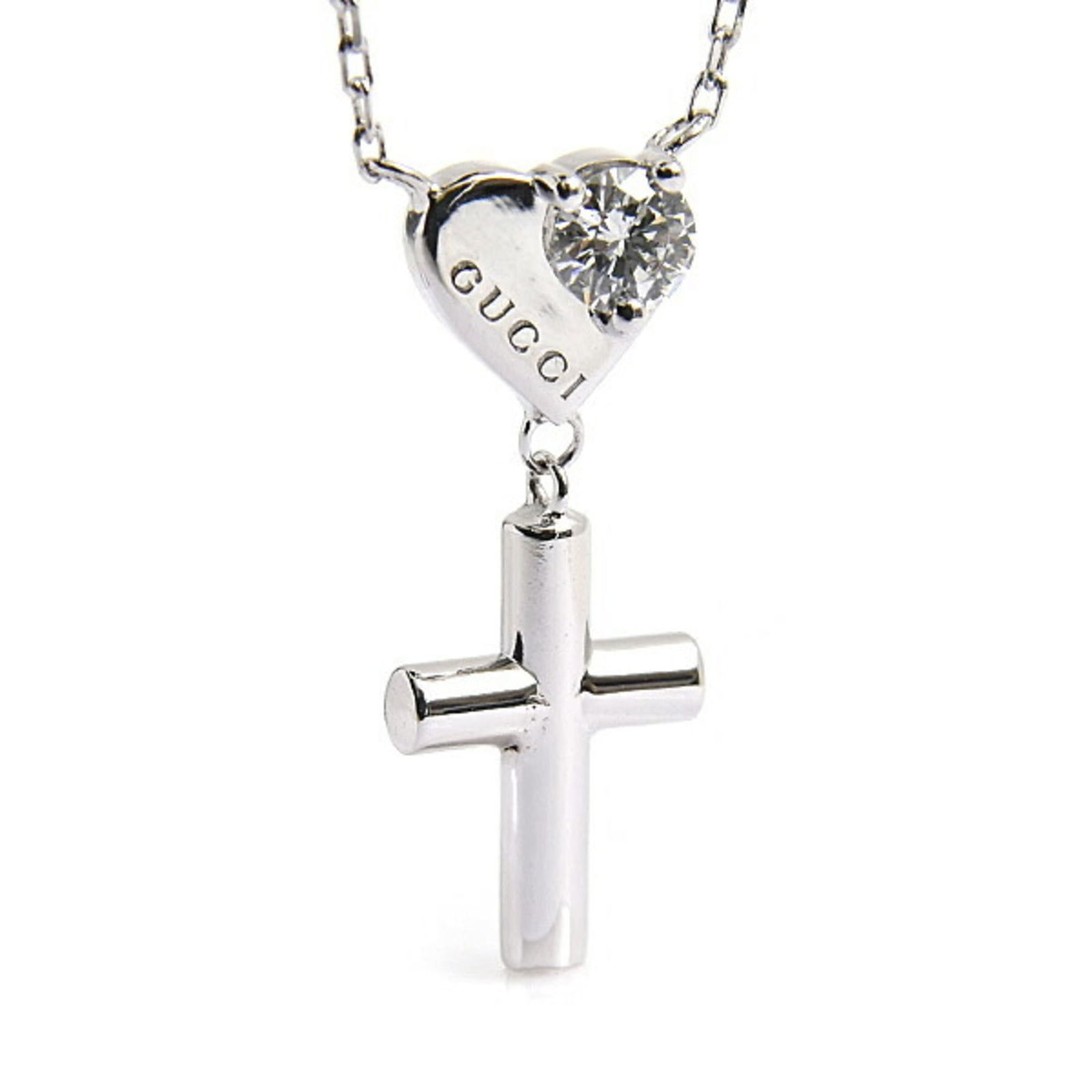Gucci Necklace for Women, 1-Diamond Heart Cross Pendant, White Gold, 750WG 18KWG: Gucci Necklace for Women, 1-Diamond Heart Cross Pendant, White Gold, 750WG 18KWG Elevate your style with the iconic Gucci heart cross pendant necklace, boasting a stunning 1-diamond setting in white g